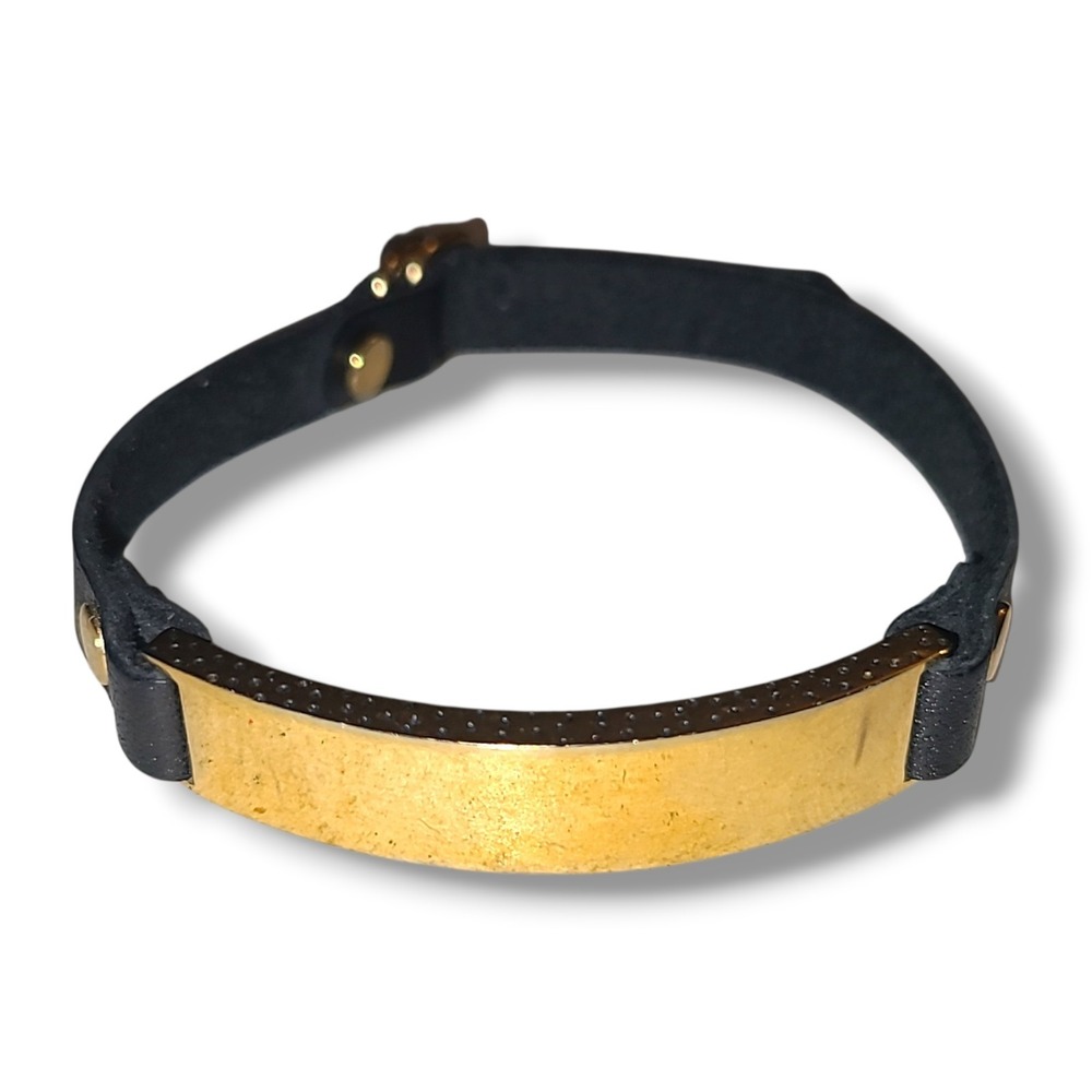 Madewell Gold Tone ID Plaque Black Faux Leather Adjustable Cuff Bracelet Boho‎